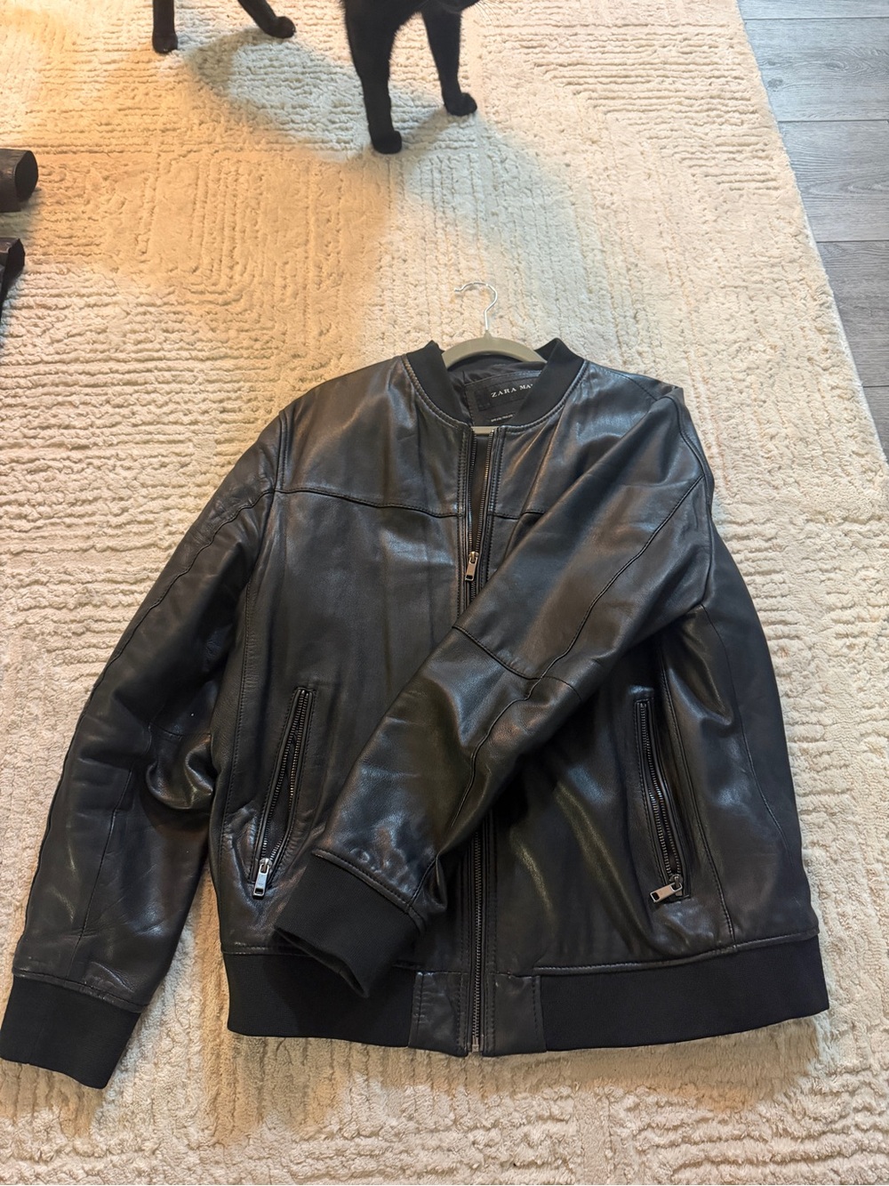 Zara Black Leather Bomber Jacket with Zip Pockets
